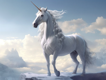 White unicorn with long mane and hornの素材