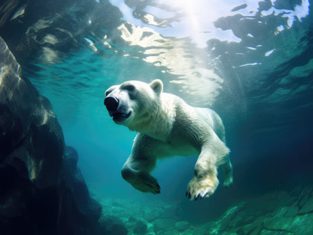 Polar bear swimming underwater in the water. Wildlife scene from natureの素材