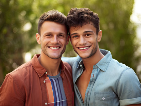 Portrait of a young gay couple smiling at cameraの素材