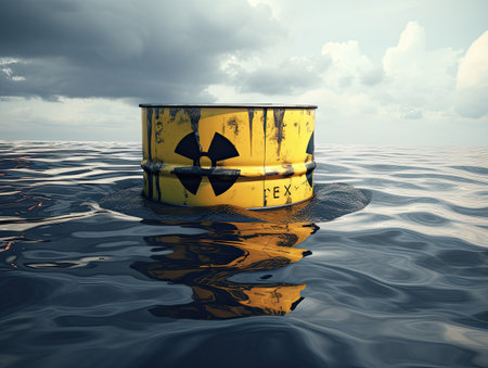 Radioactive waste barrel floating in the sea. Nuclear sea water pollution conceptの素材