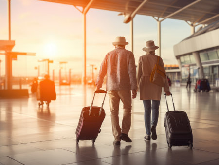 Back view of senior couple walking with suitcases in airport terminalの素材