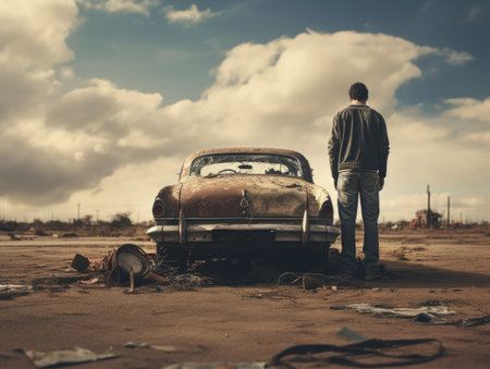 A sad man standing beside an broken rusty carの素材