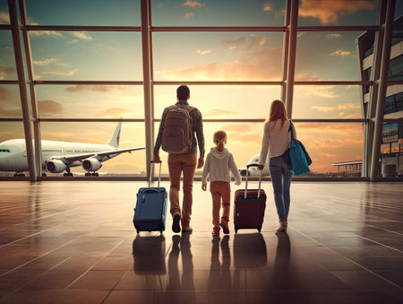 Back view of family with luggage in airport terminal. Travel and vacation conceptの素材