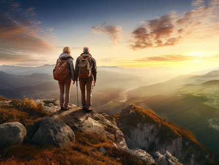 Couple hiking in mountains at sunset. Travel and active lifestyle conceptの素材