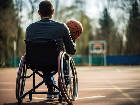 Young disabled man in a wheelchair hold basketball on the basketball court. Back view.の素材