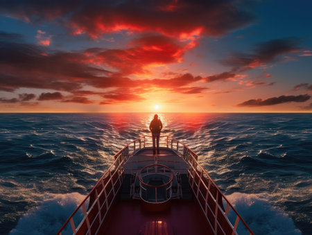 one person standing on the deck of a ship and looking at the sunsetの素材
