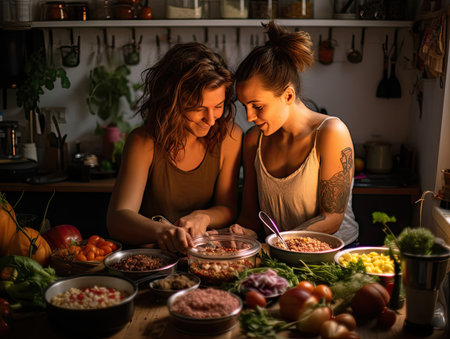 Two young women cooking together in the kitchen at home. Healthy eating and lifestyle concept.の素材