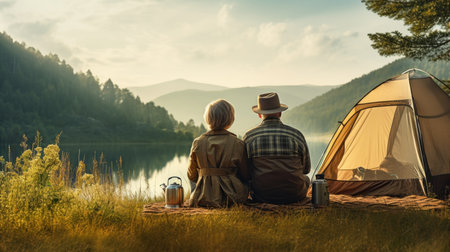 Senior couple camping in the mountains near the lake. Back viewの素材