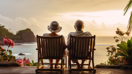 senior couple sitting on chairs and looking at the sea at sunsetの素材