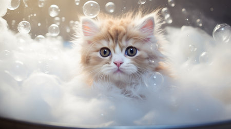 Cute Ashera kitten bathes in a bath with soap bubbles, looking at cameraの素材