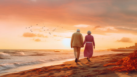 Senior couple walking on the beach at sunset. Rear viewの素材