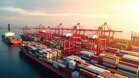 Container Cargo freight ship with working crane bridge for Logistic Import Exportの素材