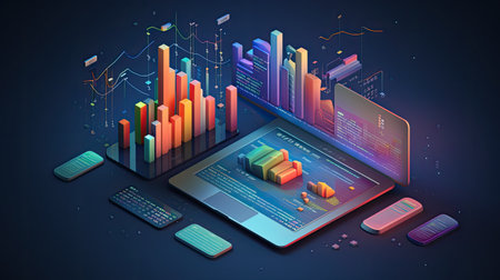 Isometric stock market or forex trading graph and chart on laptop screen. Business financial analysis concept. Vector illustrationの素材