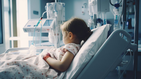 Little sick girl lying in hospital bedの素材