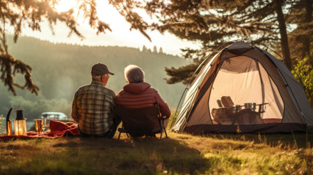 senior old couple camp together under sunshine. Rear viewの素材