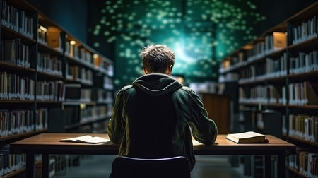 Rear view of young male student sit at table in library and study at nightの素材