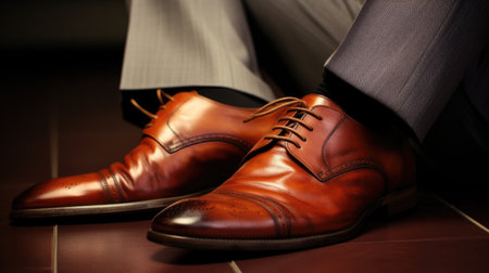 Close up of businessman's feet in brown leather shoesの素材