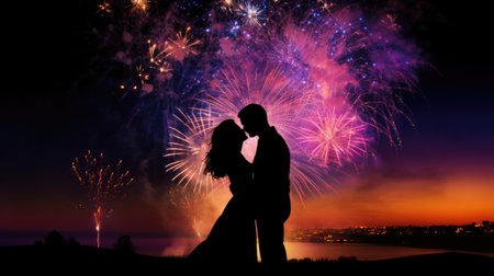 Silhouette of a loving couple kissing against fireworks on the backgroundの素材