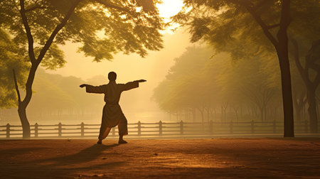 Kung fu master training in the morning mist. 3d renderingの素材