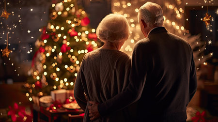rear view of senior couple with Christmas tree at home at nightの素材