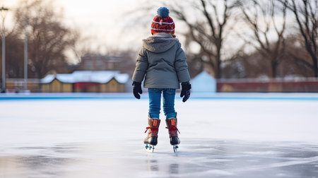 little kid skating outdoor in winter alone, back viewの素材