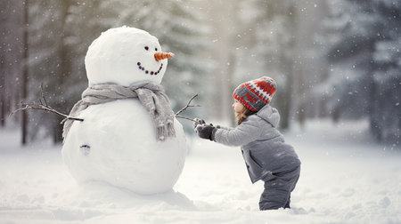 Little girl making a snowman in winter. child playing outdoorsの素材