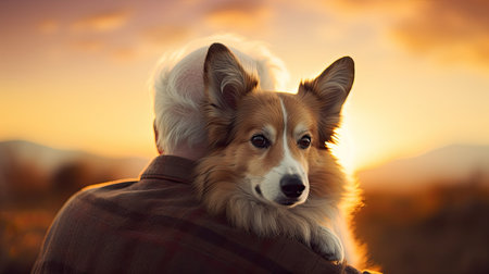 Welsh Corgi Pembroke dog in the arms of a man at sunset. Old man hold his pet dog outdoor togetherの素材