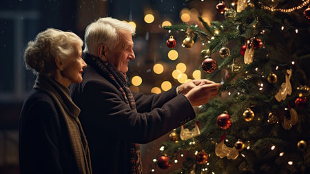 Happy senior couple decorating christmas tree with baubles at homeの素材