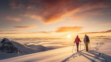 Couple hiking in winter mountains at sunsetの素材