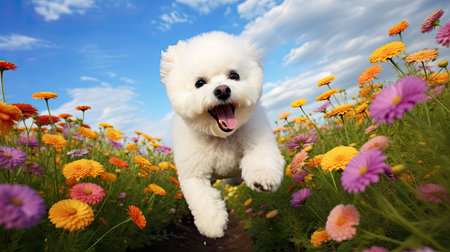 White happy Bichon Frise dog running in the flower field with blue skyの素材