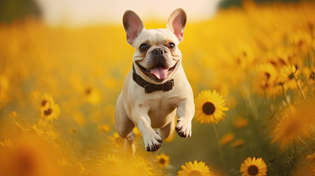 happy French bulldog running in the field of yellow daisiesの素材
