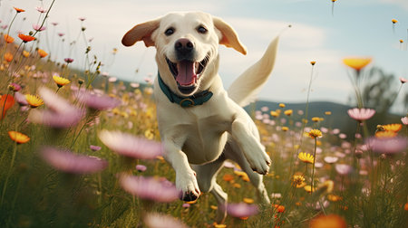 Labrador retriever running in a meadow full of flowersの素材