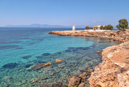 Aegina Island Coast - Lighthouse Bouza and Church of the Holy Apostlesの写真素材