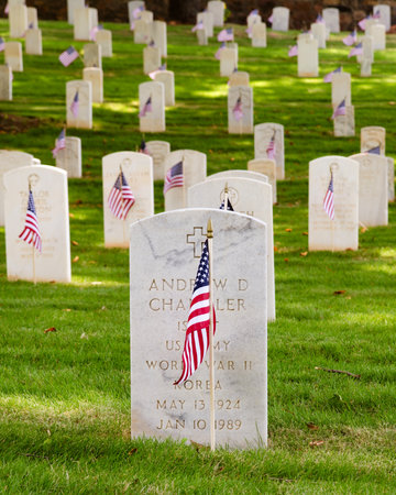 MARIETTA, GA - MAY 26: U.S. flags decorate veterans' graves on May 26, 2012, for Memorial Day at the National Cemetery in Marietta, Ga. More than 17,500 war veterans are buried at the cemetery.のeditorial素材