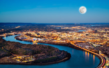 Chattanooga downtown at night as seen from Lookout Mountainの写真素材