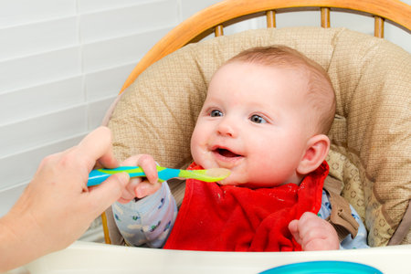 Baby eating homemade organic pureed food from spoonの写真素材