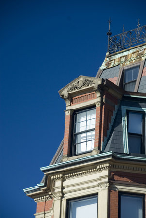 Detail of the roofline on a grand old house in Bostonの写真素材
