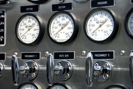 Detail of gauges and levers on a fire truckの写真素材