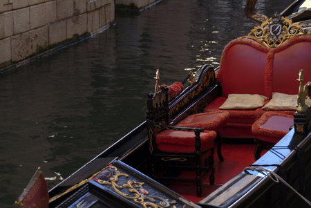 Close up of the seats of a gondola in Veniceの写真素材
