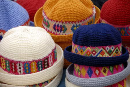 A Close Up of Traditional Peruvian Hats on a Market Stallの写真素材