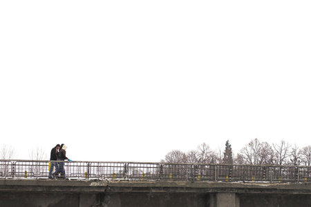 People crossing the brodge. Isolated on whiteの写真素材