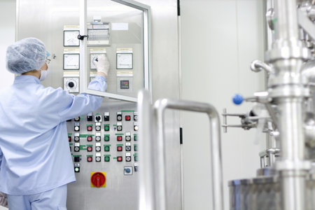 Female worker at pharmaceutical factory operating control panel of the pharmaceutical machine for medicine pill manufacturing  Selective focus の写真素材