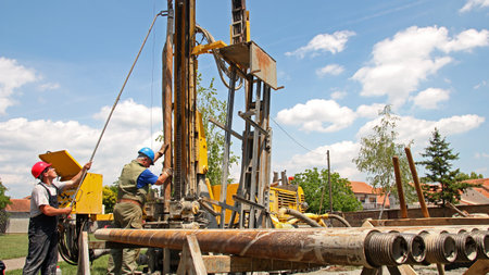 Drilling Rig Workers Operating Machineryの写真素材