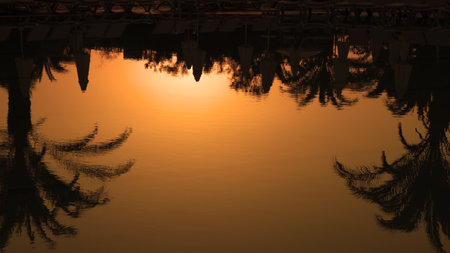 Palm Trees Silhouettes Reflection in the Water at Sunsetの写真素材