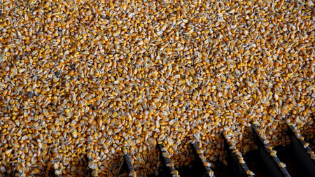 Recently harvested corn pours into a grain storage facility.の写真素材