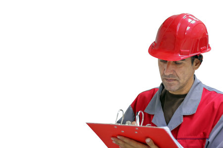 Engineer , isolated over white background. Worker in red uniform and safety helmet writing on...
