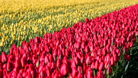 Flower Bed Of Yellow and Red Tulipsの写真素材