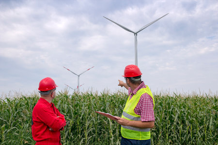 Engineer Holding Clipboard Standing With Coworker at Wind Farm