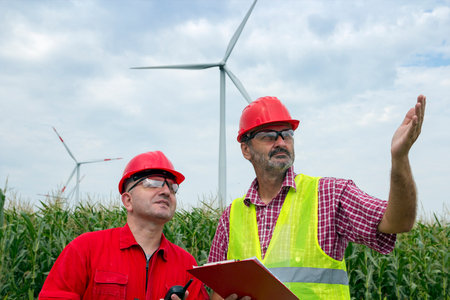 Workers Talking by Wind Turbines in Rural Landscape