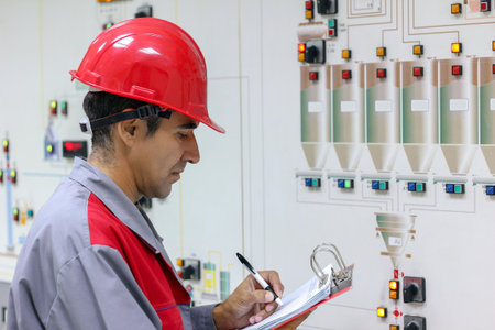 Engineer Writing on Clipboard in Chemical Plant Control Roomの写真素材